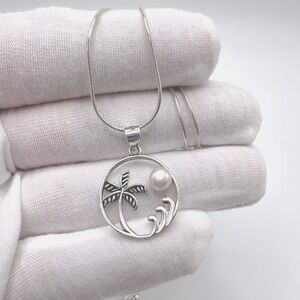 .925 Sterling Silver Palm Tree and Wave Necklace with Freshwater Pearl
